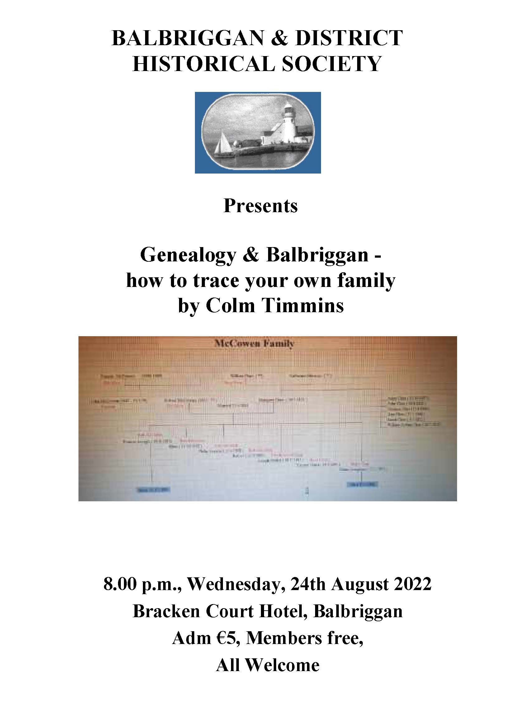 August Talk: Genealogy & Balbriggan – how to trace your own family– Colm Timmins